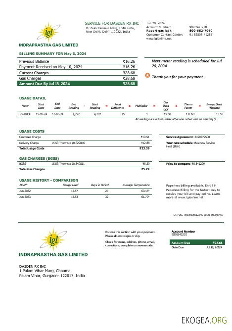 Modèle de facture de services publics d'entreprise India Indraprastha Gas aux formats Word et PDF